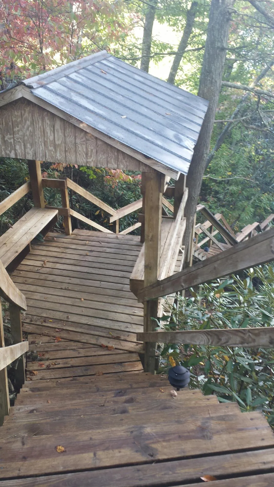 Metal roofed shelter over wooden steps on a wooded walkway — Skylight Repair & Installation work by our crew in Whitt
